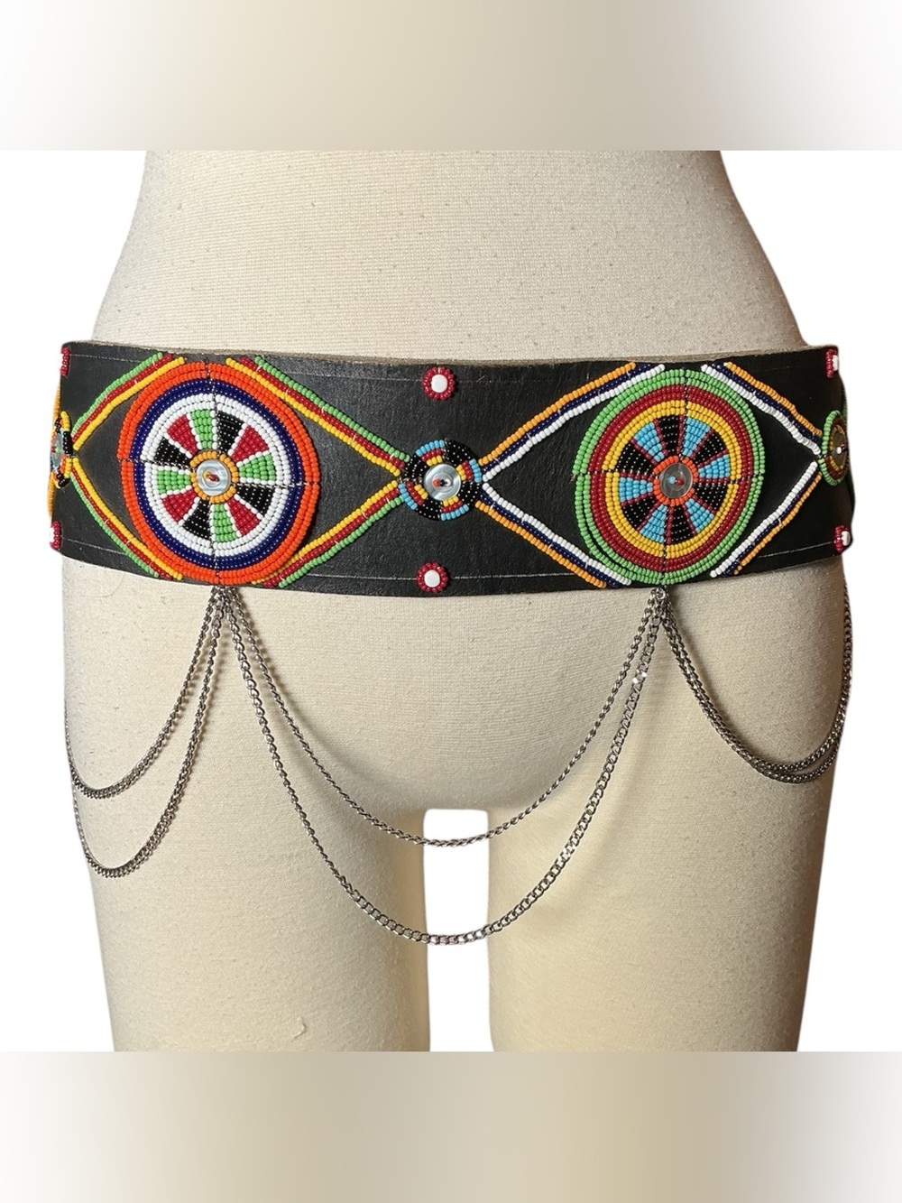 Vintage African Beaded Leather Sling Waist Belt